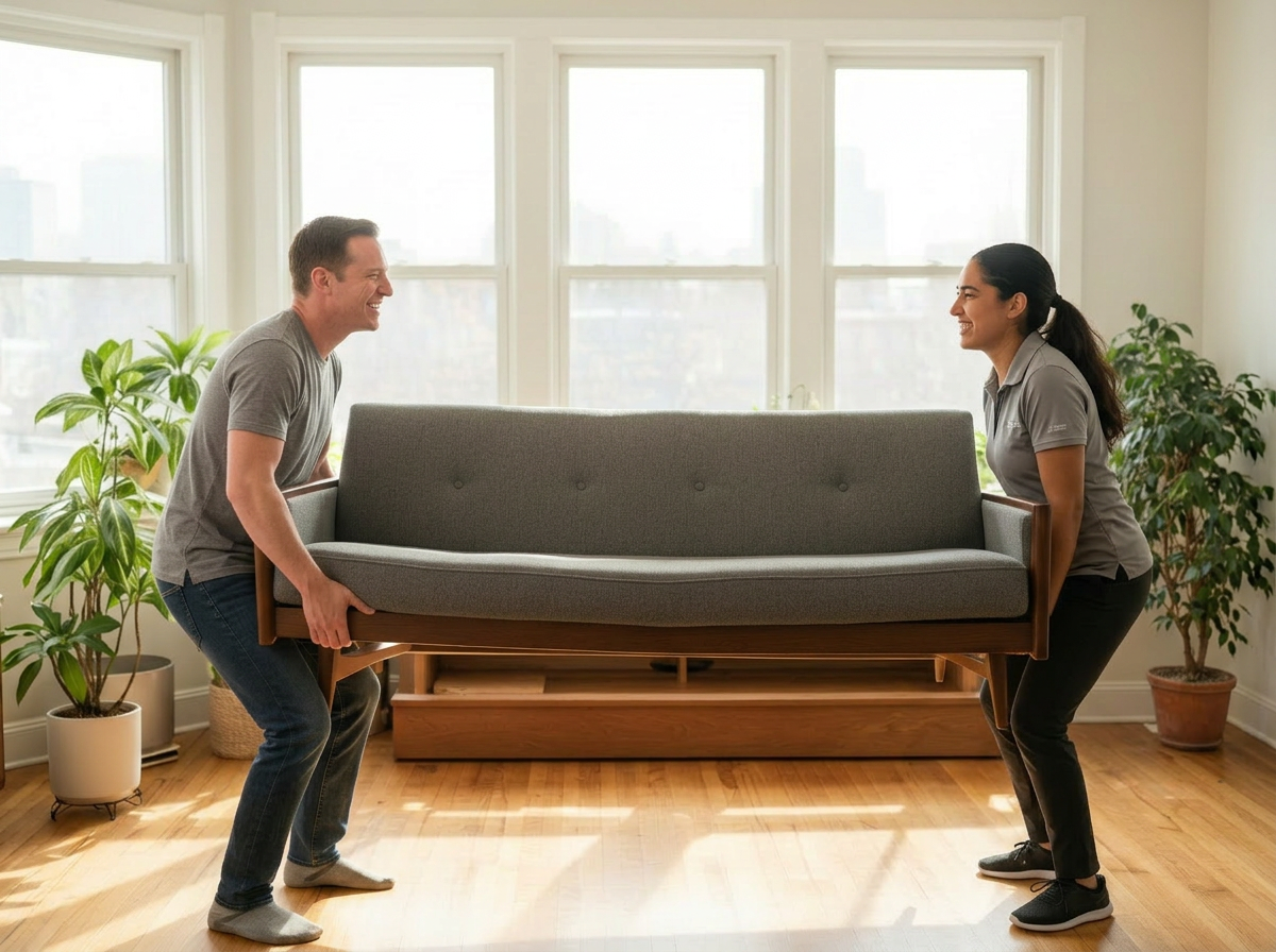 Two people lifting a sofa together in a bright sunlit living room